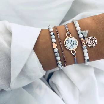 

2019 Bohemian Marble Stone Beads Bracelet Set for Women Natural Stone Tassel Pendant Bangles Bracelet Femme Jewelry