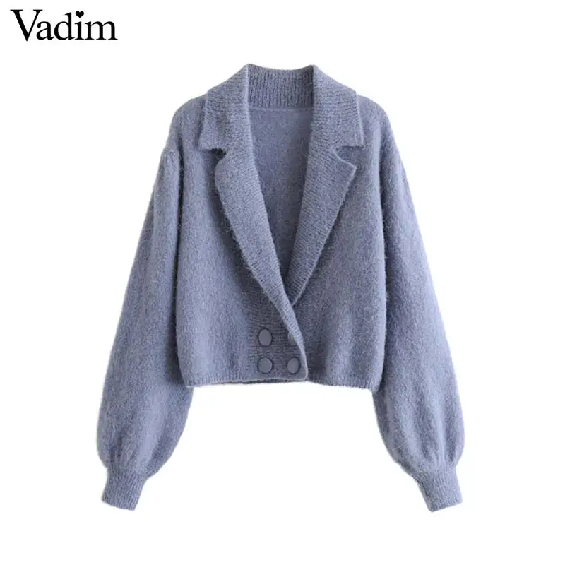 

Vadim women solid knitted short jackets double breasted lantern sleeve coats female casual outwear stretchy chic tops CA616