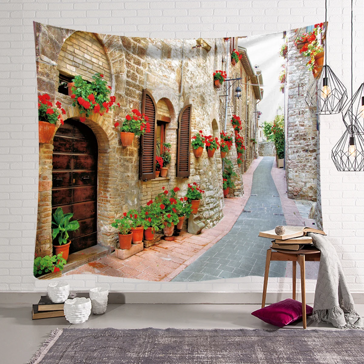 Модный маленький городок на стену, древний гобелен городок, покрывало, диванные подушки, коврик - Цвет: D