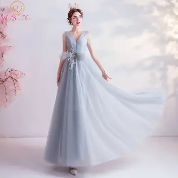 

Ceremony Dress Woman Evening Dresses Gray Burgundy Pleats V Neck Lace Applique Bow Long Floor Length Prom Gown 100% Real