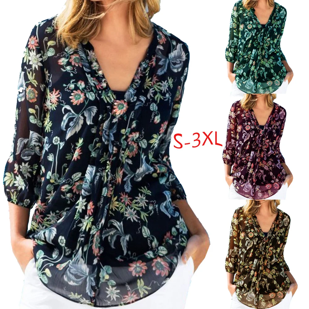 Женская винтажная шифоновая блузка с V образным вырезом и длинным рукавом|Блузки|