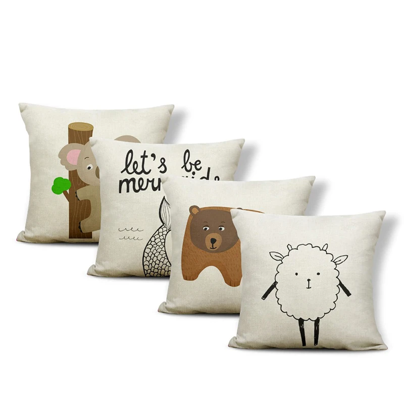

Simple Cartoon Animal Pillowcase Line Lambs Bear Geometry Throw Pillow Home Small Polyester Linen Decoration Sofa Cushion Cover