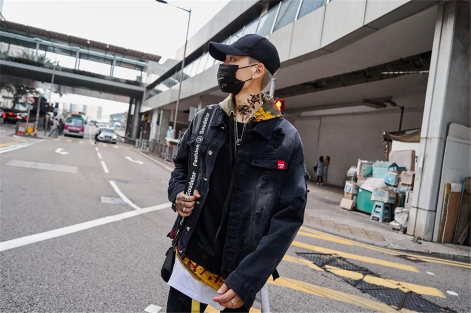 Черная джинсовая куртка в стиле хип-хоп для мужчин с принтом волка, Потертая джинсовая куртка для мужчин, Winfbeaker HighStreet, Мужская мотоциклетная куртка, уличная одежда