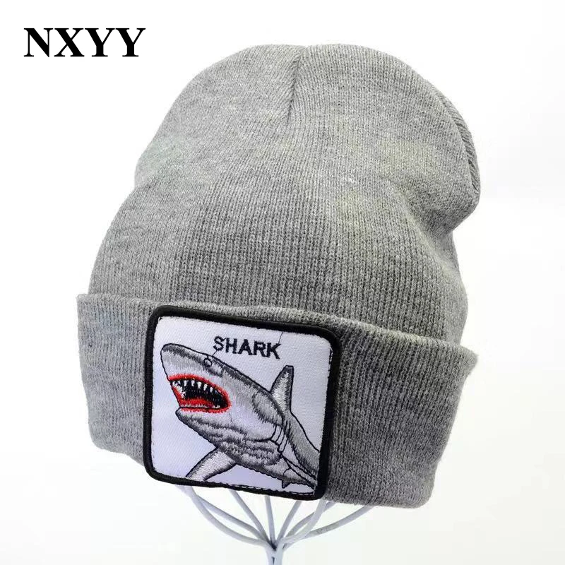 

NXYY Animal Hats Embroidery Shark SHARK Patch Knitted Winter Keep Warm Streetwear Hip Hop Hat Skullies Beanies Ski Hat Gorras