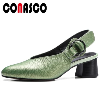 

CONASCO Genuine Leather Woman Pumps 2020 Spring Summer New Fashion Casual Solid Color Thick Heels Slingbacks Shallow Shoes Woman