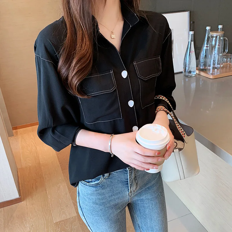 

2019 Autumn New Style Decorative Open-line Black Shirt Female Long Sleeve Korean-style Dual Pocket Sense of Design Loose Casual