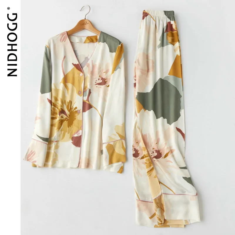 Новый Атласный пижамный комплект с цветочным принтом модные женские пижамы