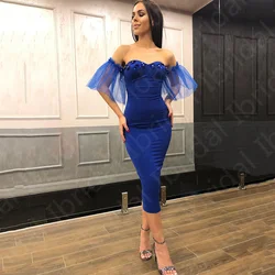 On Sale 2021 Royal Blue Prom Party Dresses Sweetheart with Off Shoulder Sleeves Wedding Guest Gowns Tea Length Party Gowns Short