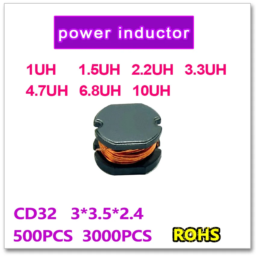 JASNPROSMA 500 шт. 3000 SMD индуктор питания CD32 1UH 1.5UH 2.2UH 3.3UH 4.7UH 6.8UH 10UH 3*3 5*2 4 мм|power|power 2power 5 |