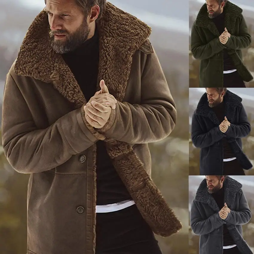 

Men Winter Thicken Warm Fleece Lined Jacket Vintage Coat Outwear Windproof Overcoat Male Wool Blend Men's Coat With Fur Collar