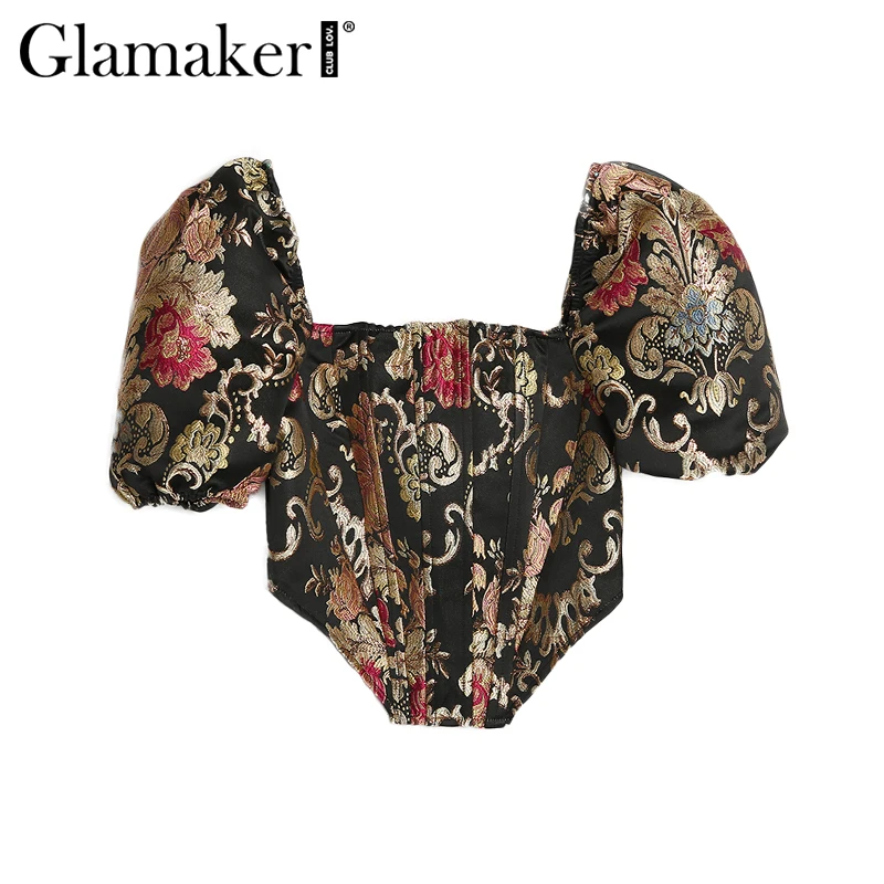 Glamaker, Цветочная вышивка, пышная блуза с рукавами-фонариками, для женщин, с асимметричным подолом, элегантная мода, весна-лето, квадратная горловина, винтажная блузка - Цвет: Многоцветный