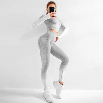 gray Комплект леггинсов с эффектом омбре, бесшовный комплект с длинным рукавом для йоги, женская одежда для спортзала, зимняя спортивная одежда с высокой талией, облегающий костюм для йоги - Цвет: gray