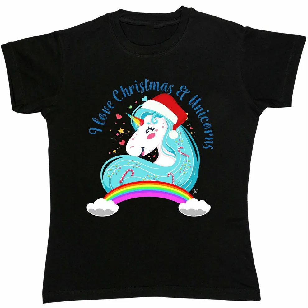 Женская футболка в стиле бойфренда с надписью I Love Christmas & Unicorns|Футболки| |