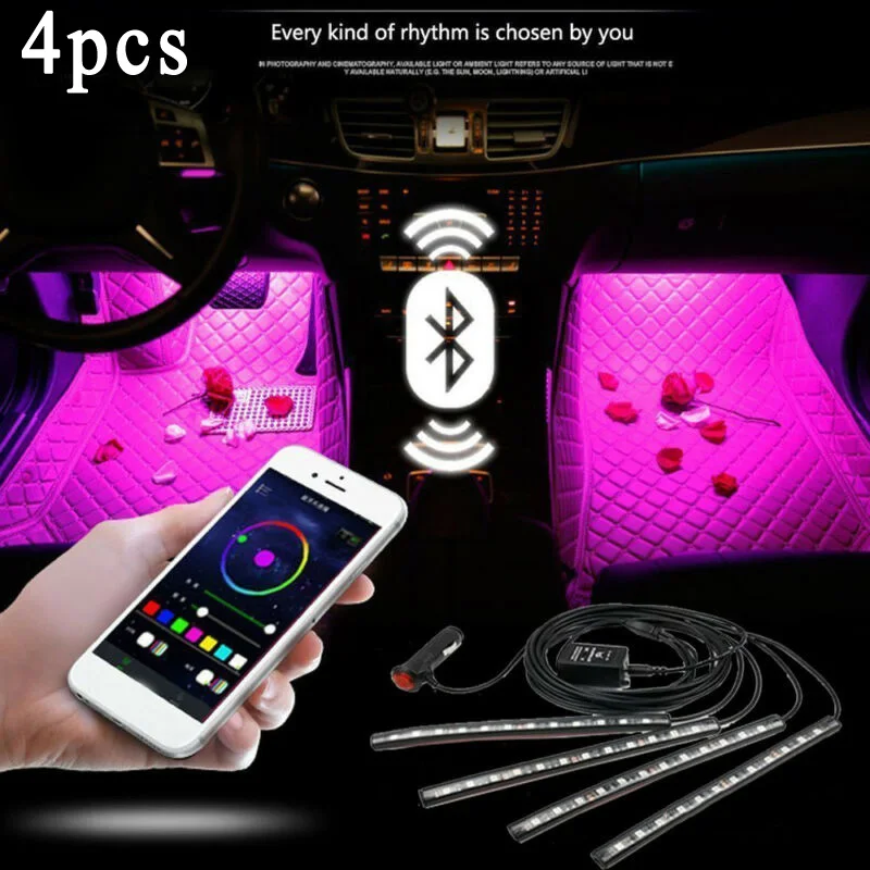 4 шт. DC12V автомобильный интерьер 5050 светодиодный RGB многоцветный светильник с полоской для атмосферного телефона ПРИЛОЖЕНИЕ управление музыкой комплект Автомобильный интерьер декоративный светильник