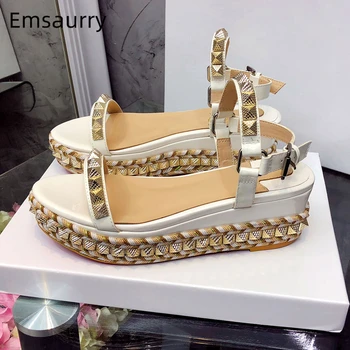 

Metal Rivet Decor Wedges Runway Shoes Woman Ankle Strap High Platform Genuine Leather Summer 2020 Gladiator Sandals Women