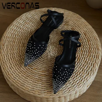 

VERCONAS 2020 Woman Sandals Women Pumps Genuine Leather Brand Design Summer Rhinestone Pointed Toe Square High Heels Shoes Woman