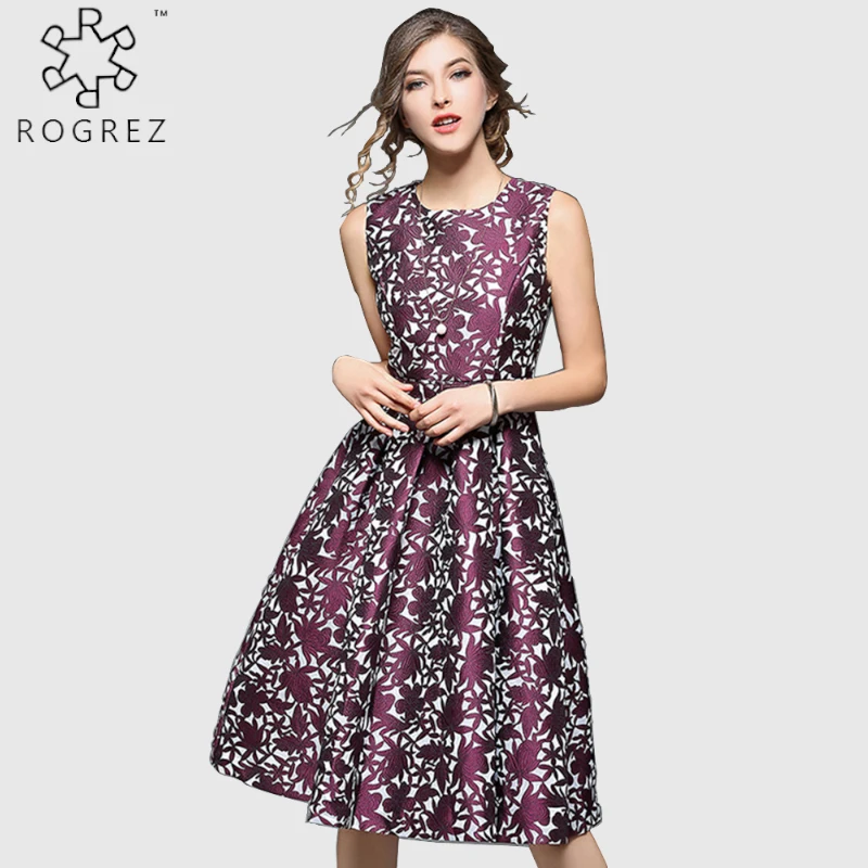 

ROGREZ Spring Autumn Blue Purple Elegant Women Evening Prom Party Dress O Neck Sleeveless Casual Short Dresses