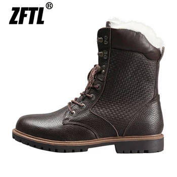 

ZFTL Men's Snow boots winter warm man martins boots plus size male Cotton boots Wool lining cowhide fabric Brown Black