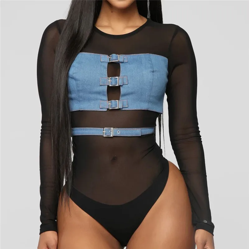 Sexy Women Bodysuit Sheer Mesh Demin Patchwork Turtleneck Long Sleeve Bodysuit See Through Buckle Leotard Tops Clubwear Jumpsuit Sexy Women Bodysuit Sheer Mesh Demin Patchwork Turtleneck Long Sleeve Bodysuit See Through Buckle Leotard Tops Clubwear Jumpsuit
