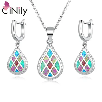 

CiNily Rainbow Fire Opal Jewelry Set Silver Plated Green Blue Pink Water Tear Drop Earrings Pendants Necklaces Gifts Girls Women