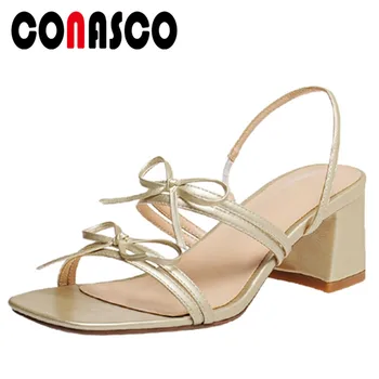 

CONASCO 2020 Summer Women Basic Sandals Fashion Elegant Sweet Butterfly-Knot Thick High Heels Pumps Wedding Casual Shoes Woman