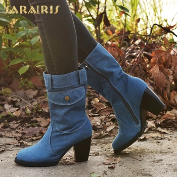 

SARAIRIS 2020 Big Size 43 High Heels Winter Shoes Women Fashion Denim Pocket mid-calf Boots