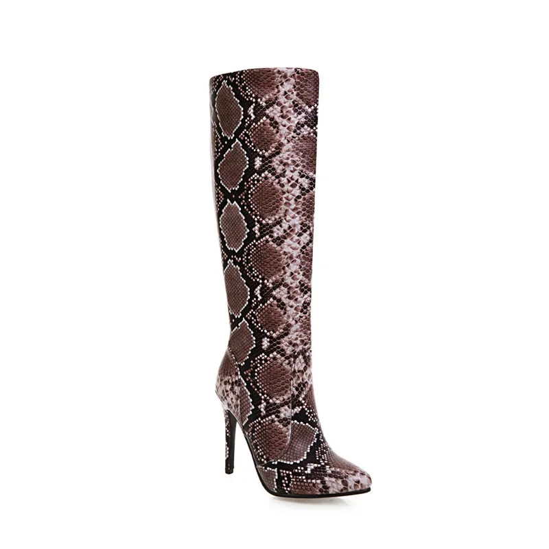MoonMeek/; большие размеры 34-43; зимние сапоги до колена; обувь на высоком каблуке-шпильке с острым носком; модные женские сапоги из змеиной кожи - Цвет: brown