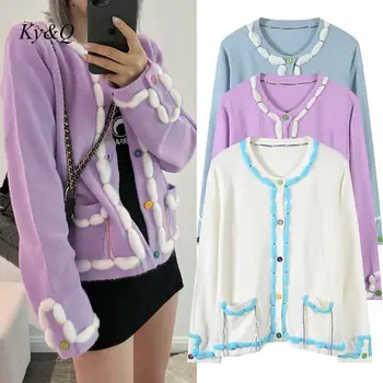 

2020 Autumn Winter Women Fashion 3d Ball Tassel Knitted Cardigan Three-color Button Blouse O-neck Single Breated Sweater Clothes