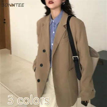 

Blazers Women Vintage Simple Office Lady Fashion Korean Chic Femme Outwear Single Breasted All-match Daily Womens Clothing New