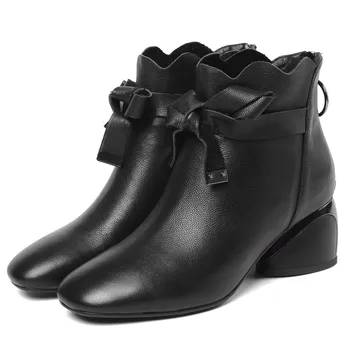 

Plus size 41 women's genuine leather thick high heel autumn ankle boots bowtie female soft comfortable short booties shoes women