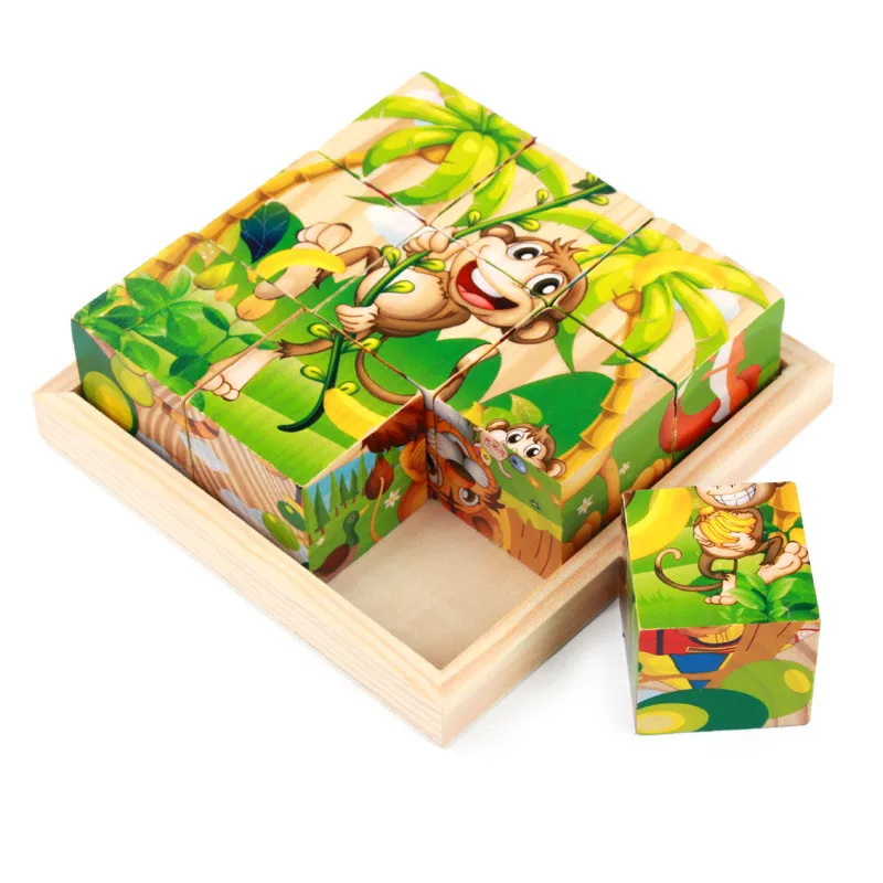 Nine Piece Six-sided 3D Jigsaw Cubes Puzzles Tray Wooden Storage Toys For Children Children