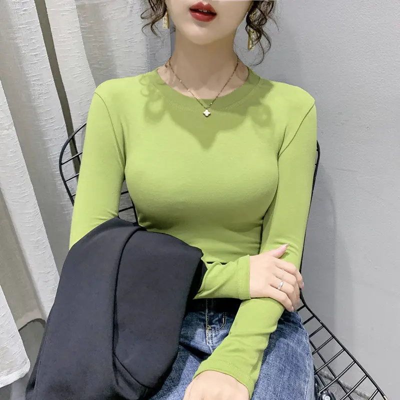 Women Long Sleeve Sexy T-Shirt 2021 Autumn Sexy U Neck Solid Rib Knit Basic Tee Tops Slim Fashion Korean Female Pullover T-shirt chrome hearts t shirt