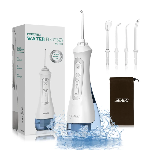 SEAGO Rechargeable Water Flosser Water Thread Oral Dental Irrigator Portable 3 Modes 200ML Tank Water Jet Waterproof IPX7 Home white