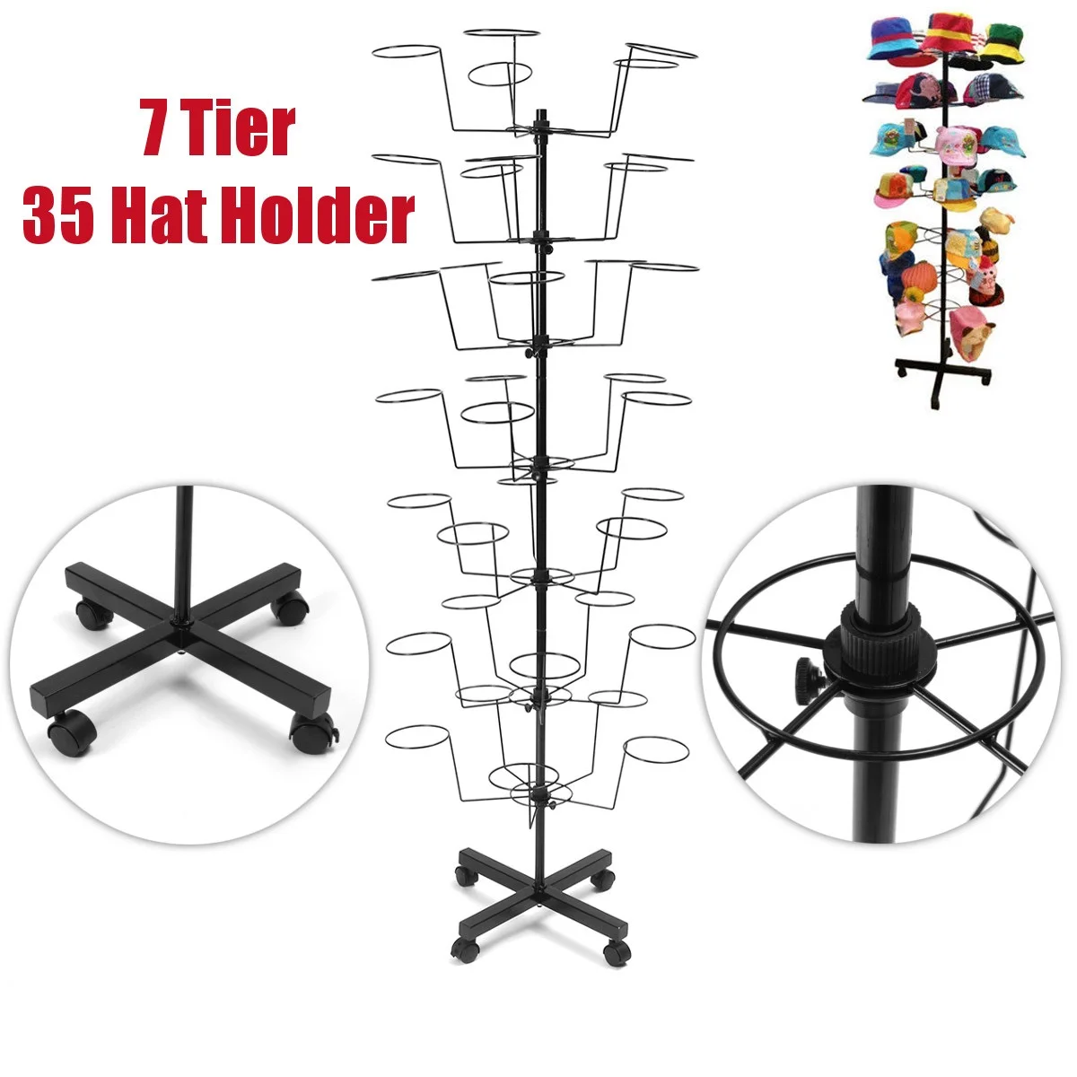 

7 Tier 35 Holders Hat Cap Display Retail Rotating Adjustable Metal Stand Hanger Rack Organizer Storage Hat Closet Hanger