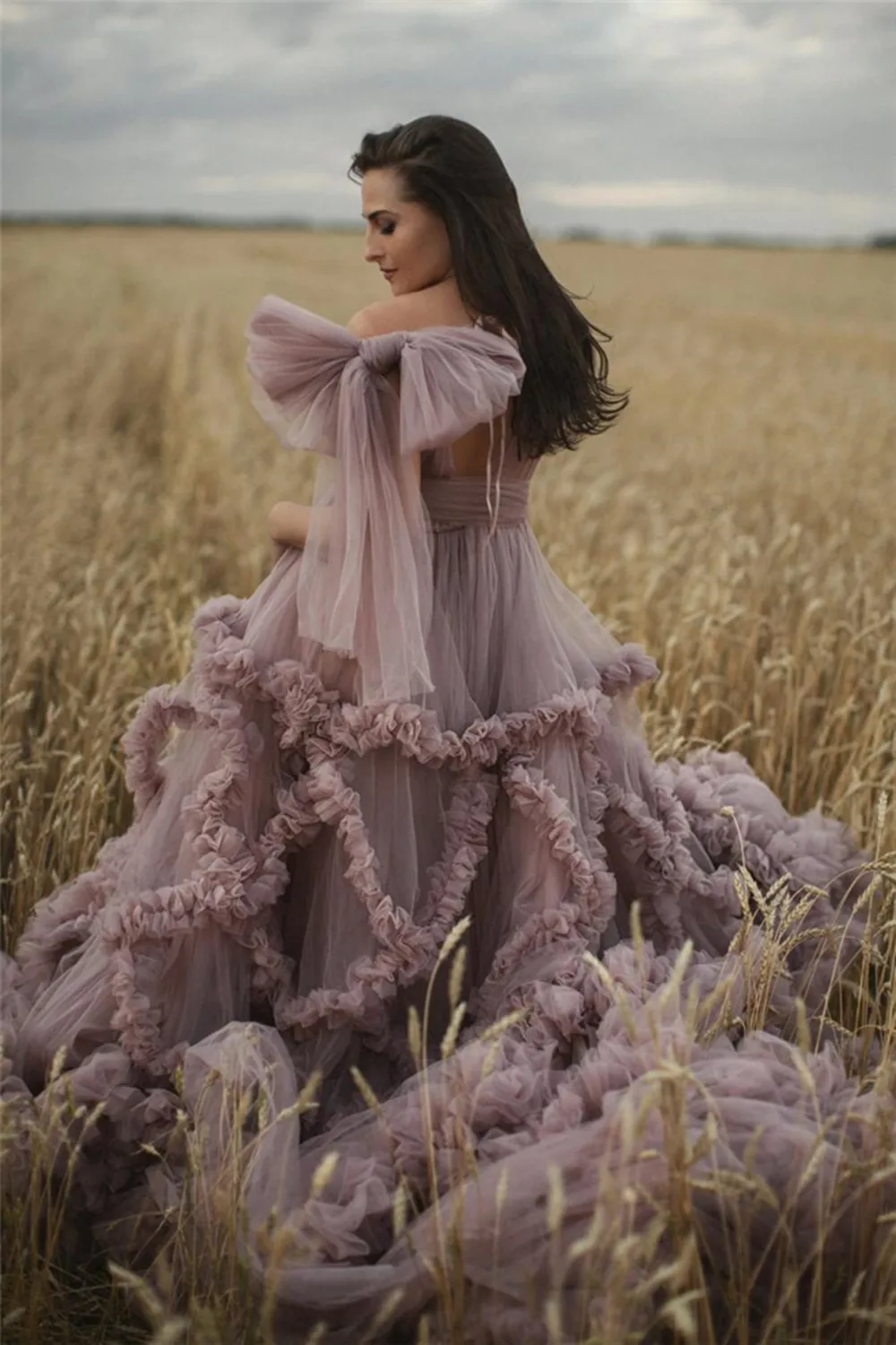 Dusty Pink Maternity Dress Robes for Photo Shoot or baby shower Ruffle Tulle Chic Women Dresses Nightgown Photography Shawel