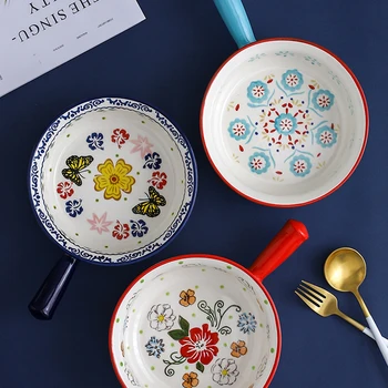 

Japanese-style Painted Ceramic Risotto Baking Dish with Handle Household Round Fruit Salad Soup Noodle Bowl Restaurant Tableware