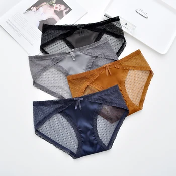 

Sumptuous Lingerie Sexy Panties Women Lace Low-rise Solid Sexy Briefs Ladies Underwear Hollow Out Tempting Satin Splice Panty