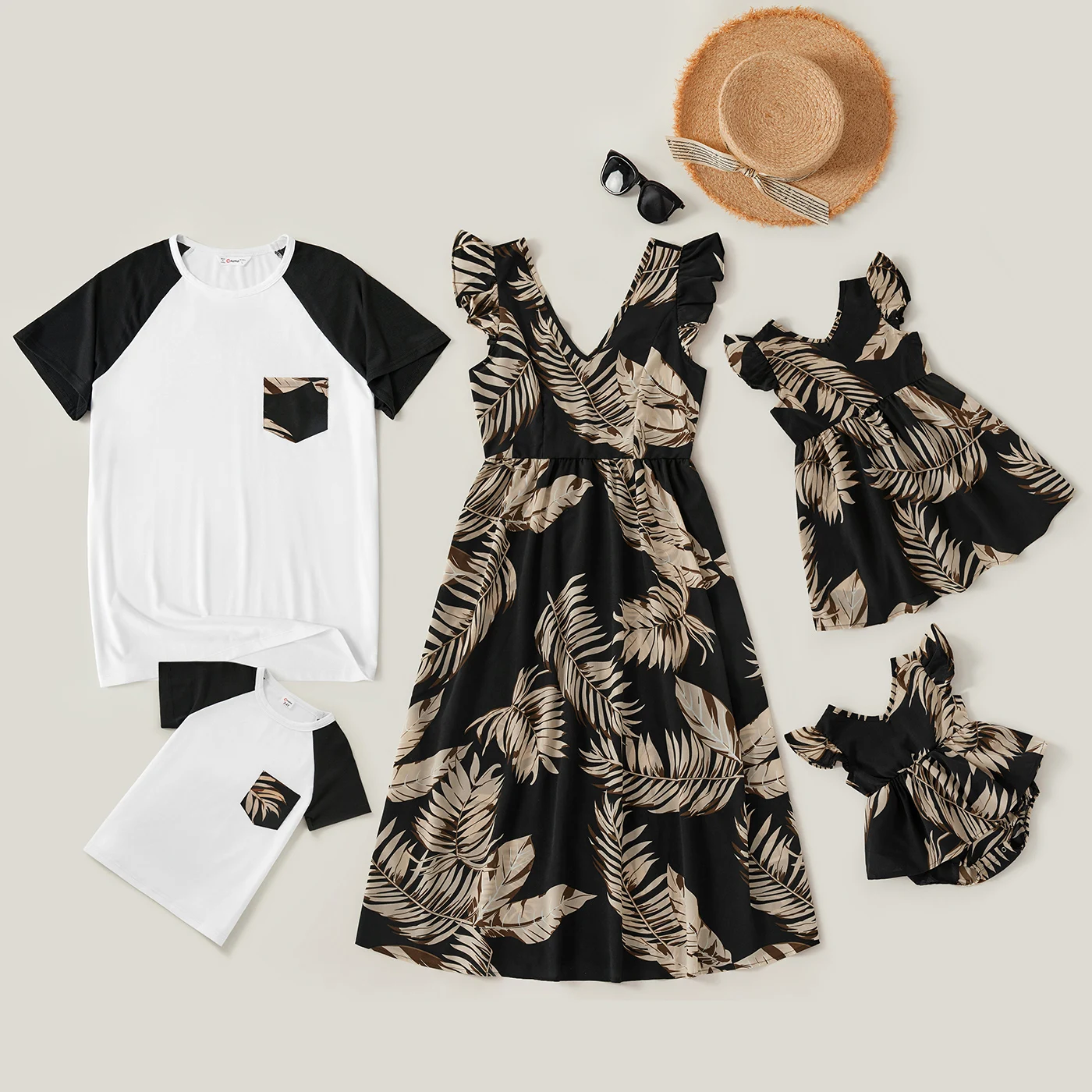 PatPat New Mosaic Family Matching Sets(Leaf Flounce Tank Dresses - Raglan Sleeve Tops Rompers) | Мать и ребенок