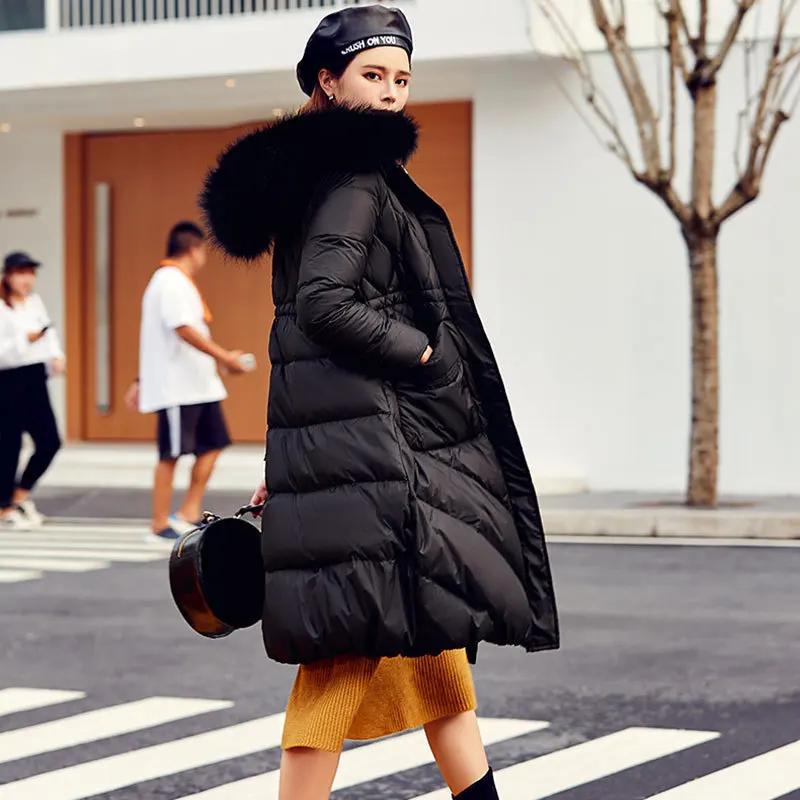 Winter New Style White Duck down Jacket Women's Korean-style Large Fur Collar deng long bai Mid-length Slim Fit Coat