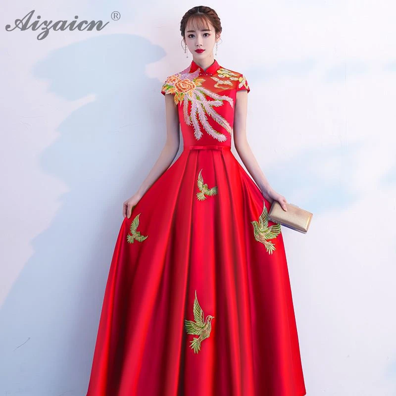 Синий Вышивка Феникс Длинные Cheongsam современный тонкий вечерние платья Qi Pao для женщин Китайская традиционная одежда элегантный хост Qipao