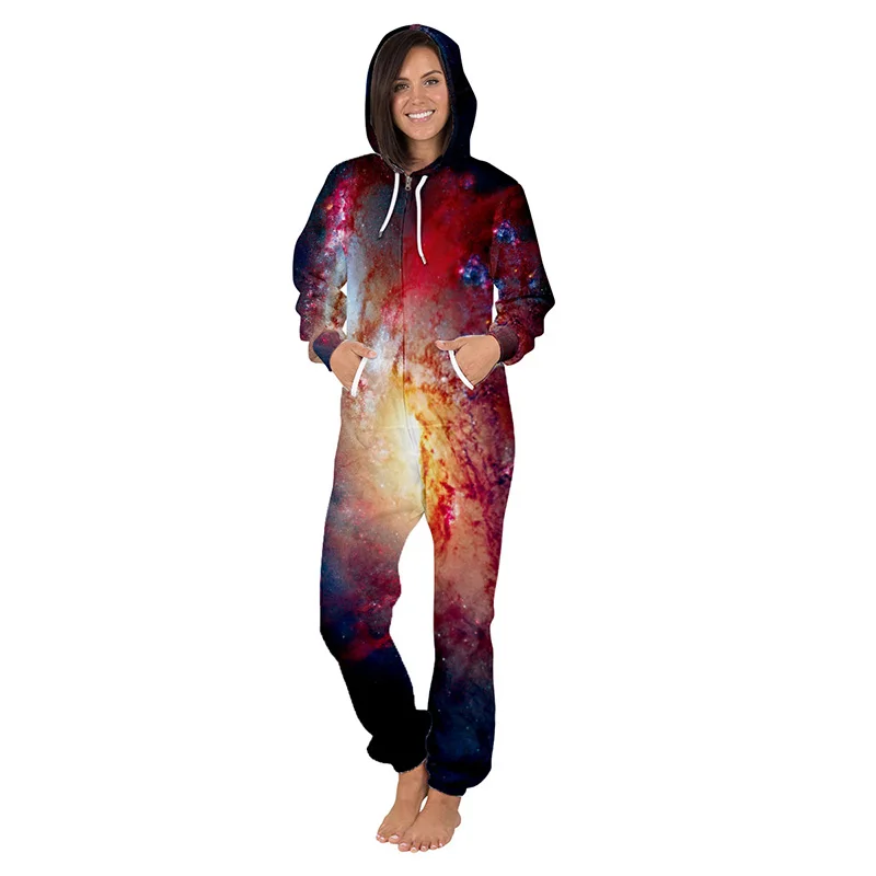 

Urban fashion jumpsuit women casual autumn winter playsuit new Red starry sky digital printing zipper hooded men sweater loose