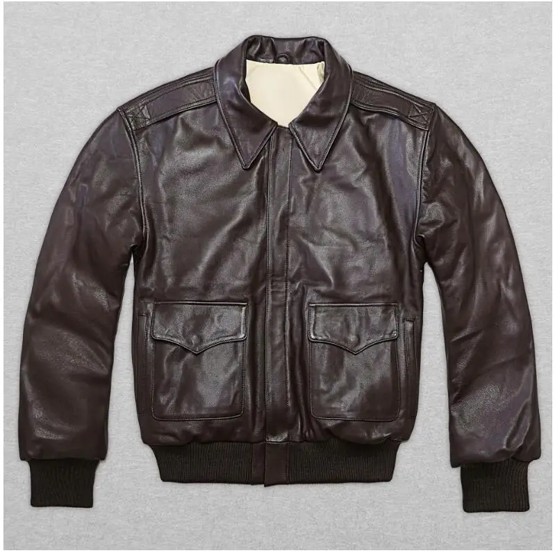 Черная мужская кожаная куртка USAF A2 Pilot, европейский размер XXL, настоящая Толстая воловья кожа, зимнее пальто в стиле милитари Авиатор - Цвет: Brown