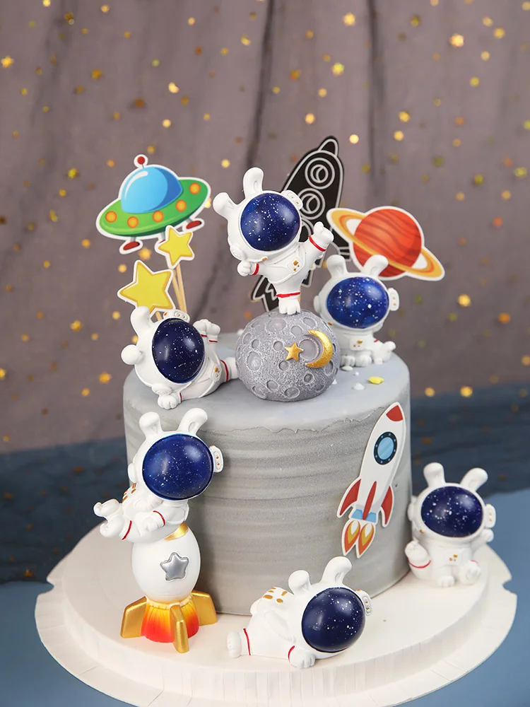 Happy Birthday Party Giorno Dei Bambini Spaceman Cake Topper Decorare Plug-In Rocket Planet Inserisci La Carta Per Boy Baby Shower Dress Up