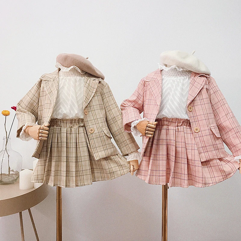 

2019 Autumn New Fashion Children's Clothing for Girls Short Skirt Suit Plaid Printing Jacket Two-piece Set Kids School Clothes