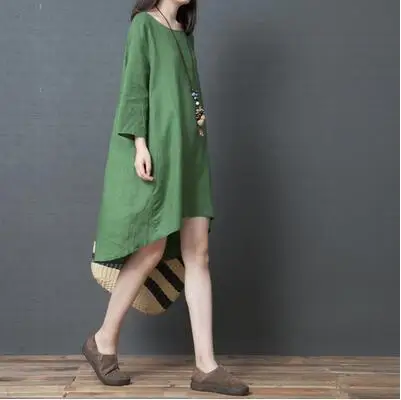 

2019 Spring And Summer New Style Korean-style Literature And Art Loose And Plus-sized Flax Crew Neck Irregular Mid-length Ninth