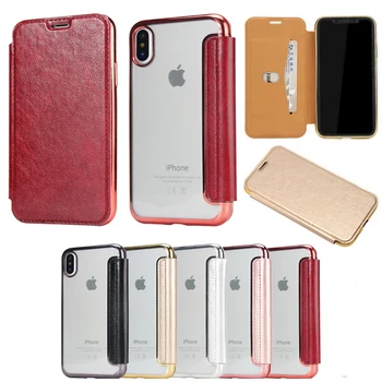 

Luxury Flip Book Leather Card Stand Case For iPhone X 5 5S 6 6S Plus Plating TPU Silicone Clear Back Cover For iPhone X 8 7 Plus