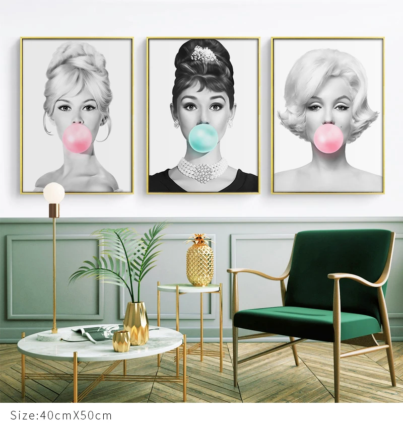 オードリー ヘップバーンバブルガム壁アートキャンバスファッションポスターブリジット バルドー マリリン モンロープリント絵画写真家の装飾 絵画 書道 Aliexpress