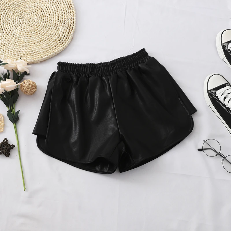 HELIAR Women Green Leather Elastic Waist Shorts Outerwear Sexy Hot Shorts Wide Leg Woman Night Club Shorts Autumn