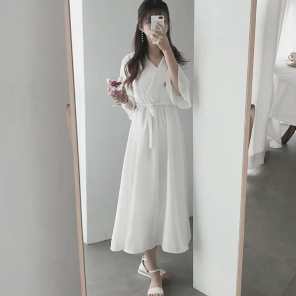 Женское шифоновое платье с коротким рукавом V-образным вырезом и поясом | Женская