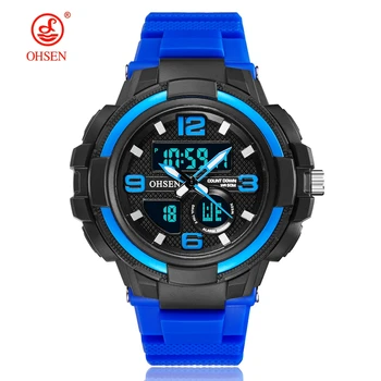 

OHSEN digital Quartz Men wristwatch Blue dual time bracelet Watch chronograph 50M Diving military male clock relogio masculino